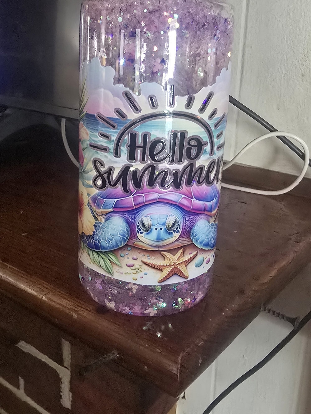 Hello Summer Turtle Glitter Tumbler - Purple Blue